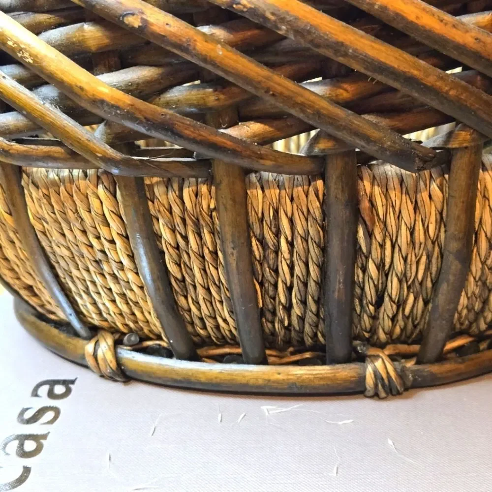 Vintage Oval Hand Woven Basket Natural Bamboo & Rope Storage Basket Rustic